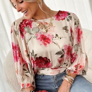 B169 Rose Floral 3/4 Sleeve Lace-Up Back Blouse